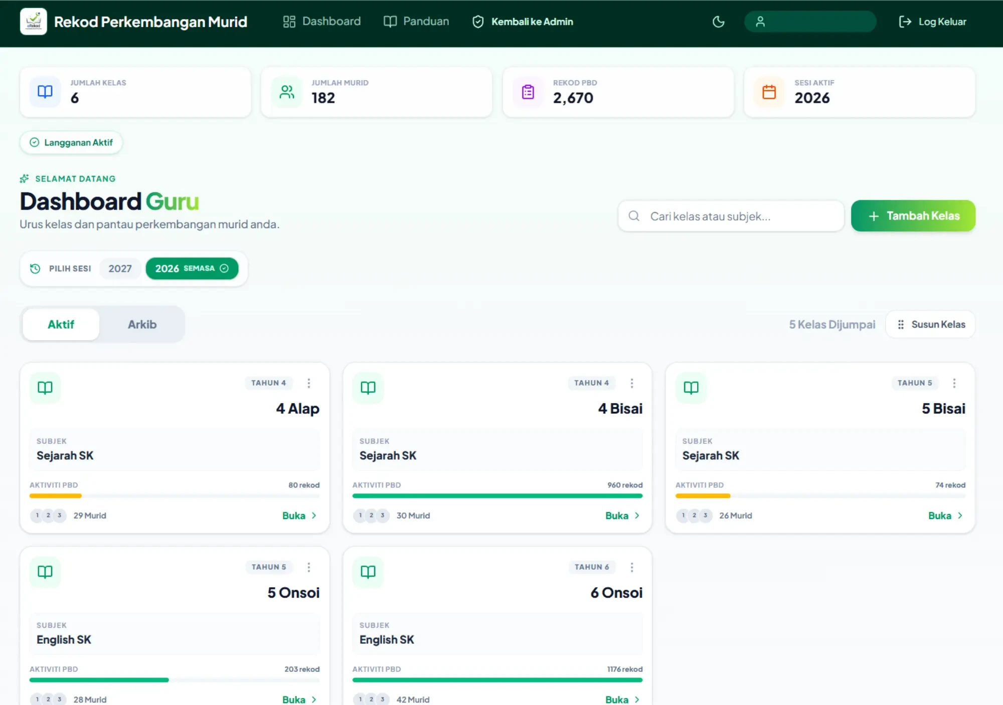 Paparan dashboard Rekod Perkembangan Murid untuk pengurusan PBD guru